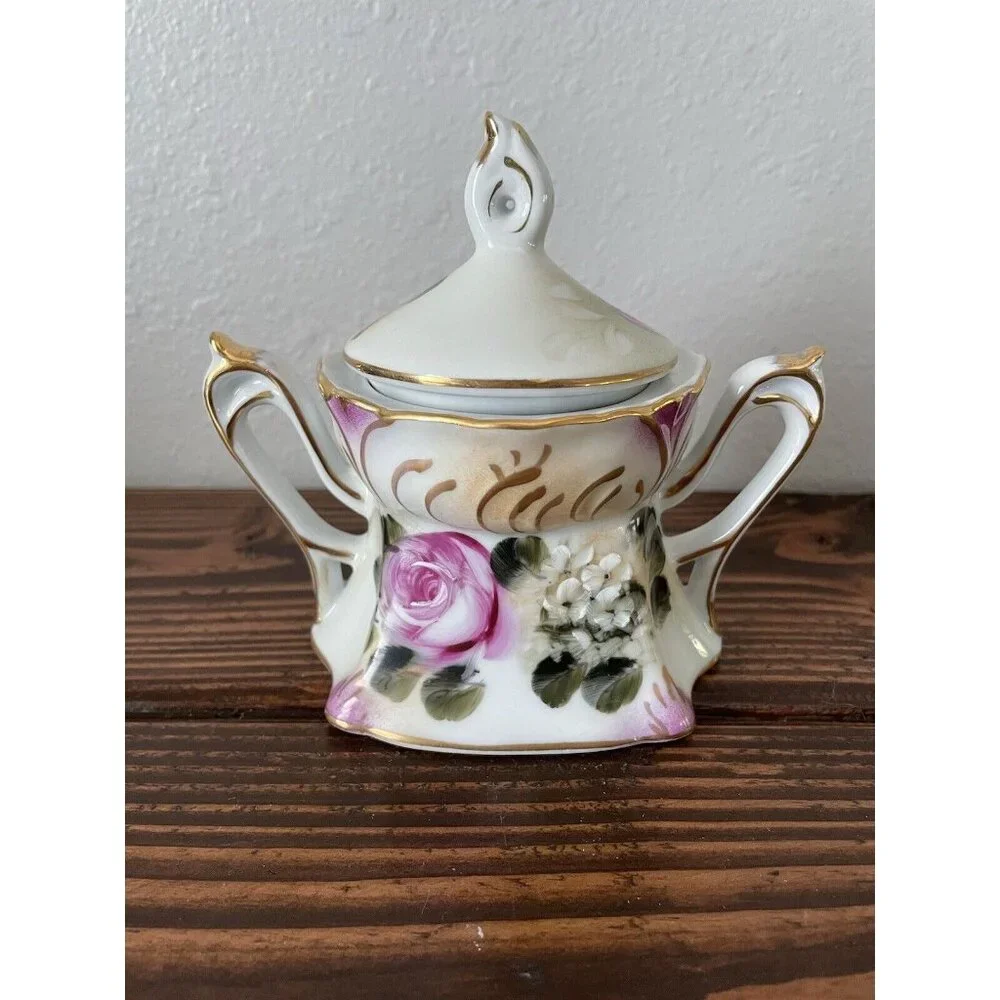 Vintage Hand Painted Nippon Sugar Bowl Jar w/ Lid, Pink Floral Ceramic